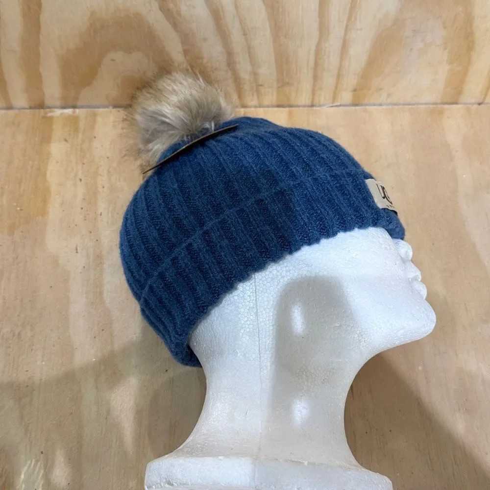 UGG Light Blue Knit Hat with Faux Fur Pom